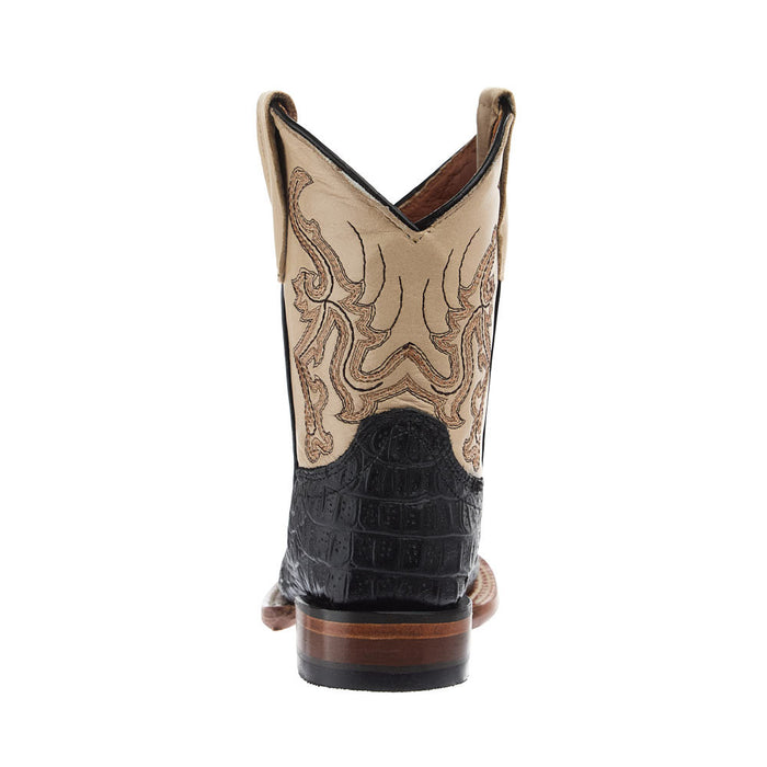 Tanner Mark Boots Kid's Black Hornback Caiman Print Vamp Vintage Tan Top