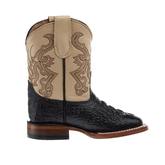 Tanner Mark Boots Kid's Black Hornback Caiman Print Vamp Vintage Tan Top