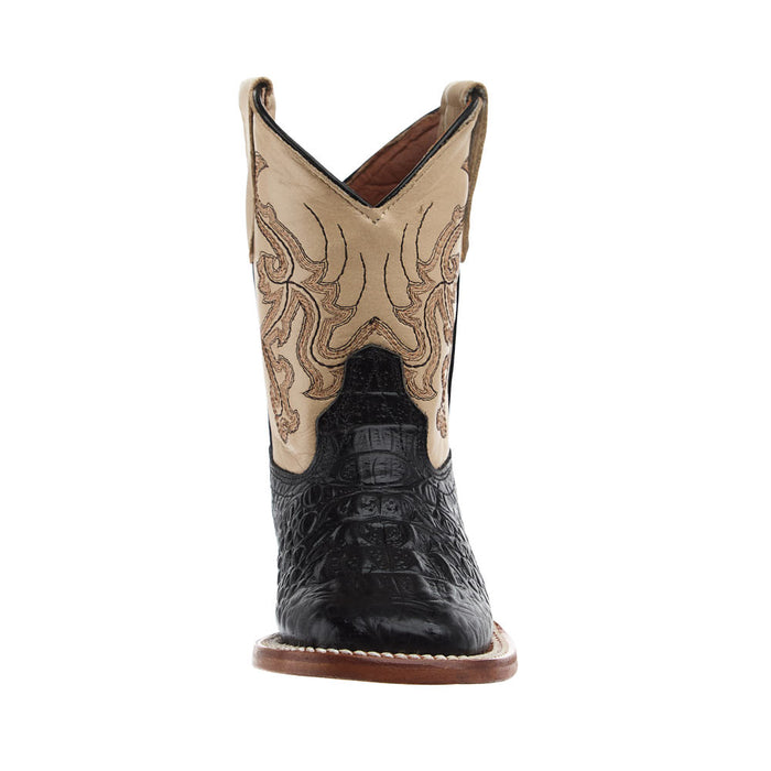 Tanner Mark Boots Kid's Black Hornback Caiman Print Vamp Vintage Tan Top