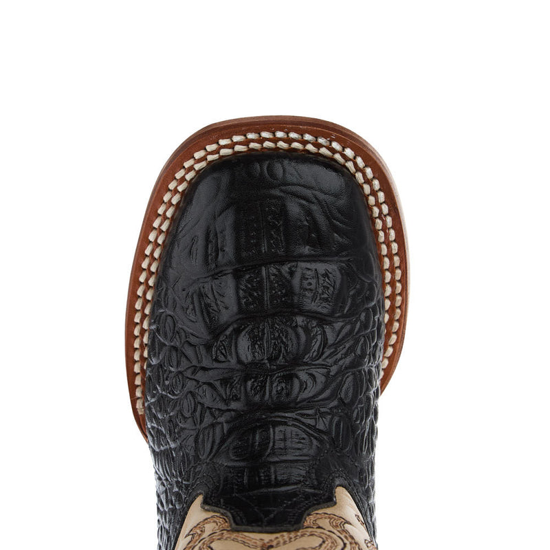 Tanner Mark Boots Kid's Black Hornback Caiman Print Vamp Vintage Tan Top