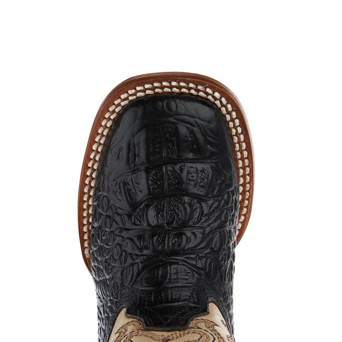Tanner Mark Boots Kid's Black Hornback Caiman Print Vamp Vintage Tan Top