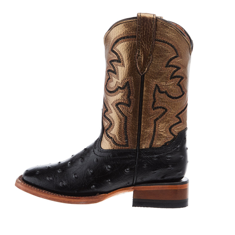Tanner Mark Boots Black Ostrich Print With Bronze Top Square Toe Boot
