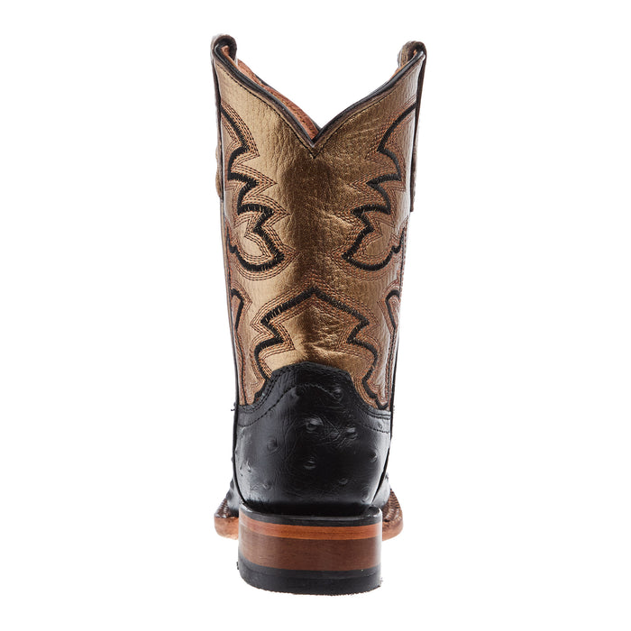 Tanner Mark Boots Black Ostrich Print With Bronze Top Square Toe Boot
