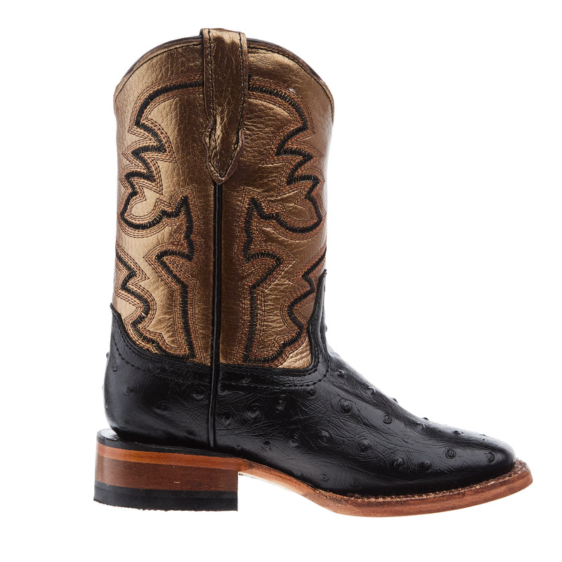 Tanner Mark Boots Black Ostrich Print With Bronze Top Square Toe Boot