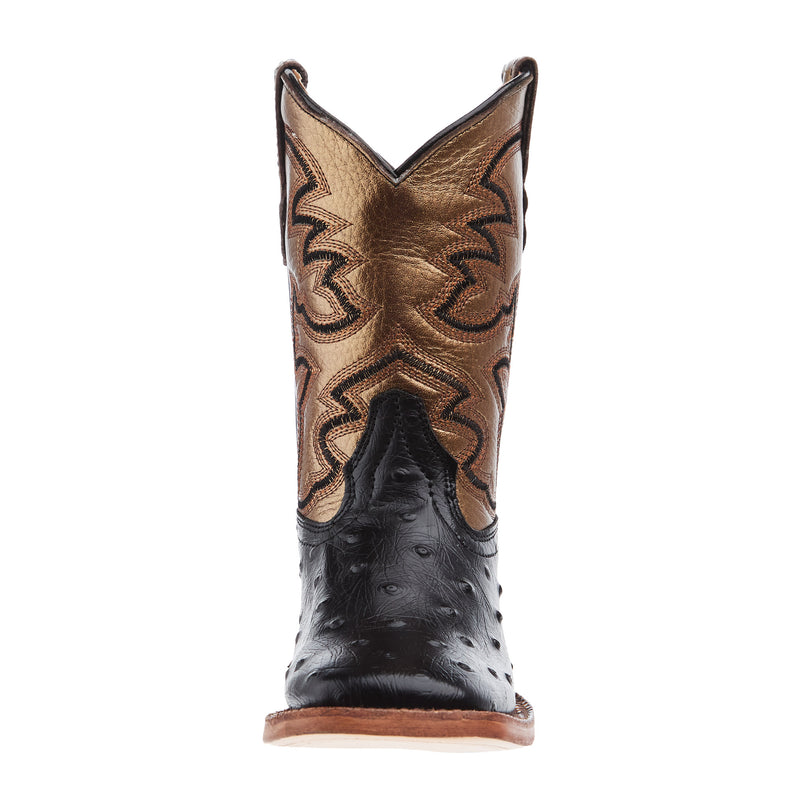 Tanner Mark Boots Black Ostrich Print With Bronze Top Square Toe Boot