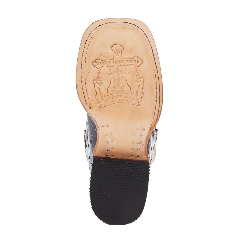 Tanner Mark Boots Black Ostrich Print With Bronze Top Square Toe Boot