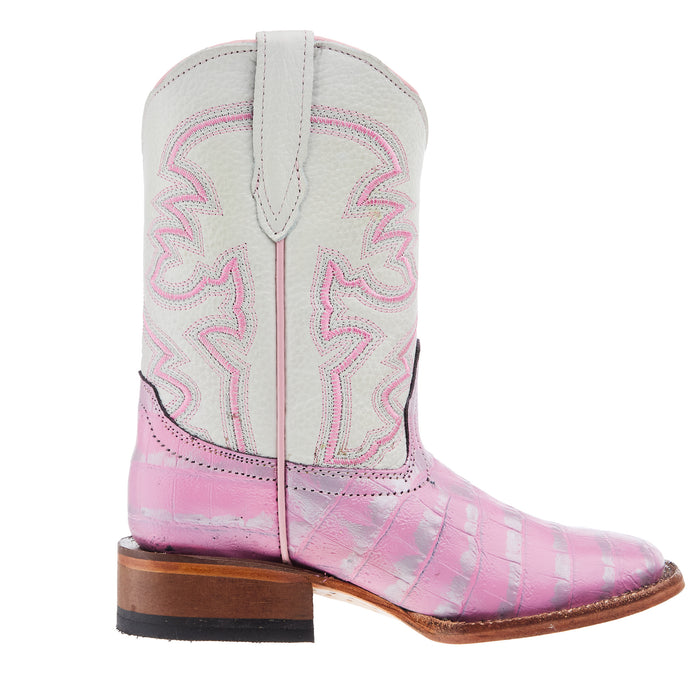 Tanner Mark Boots Girls Pink And Silver Caiman Print Square Toe Boots