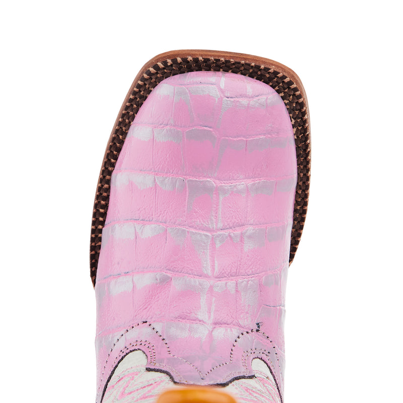 Tanner Mark Boots Girls Pink And Silver Caiman Print Square Toe Boots