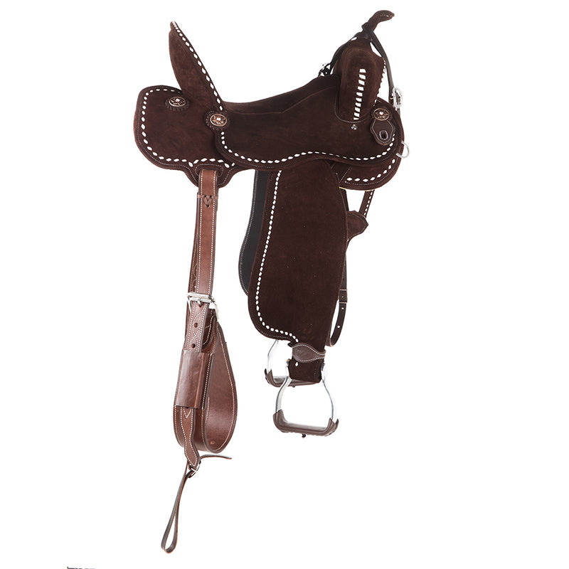 Tomahawk Chocolate Roughout with White Buckstitch Barrel Saddle