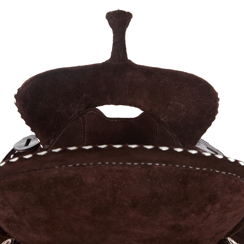 Tomahawk Chocolate Roughout with White Buckstitch Barrel Saddle