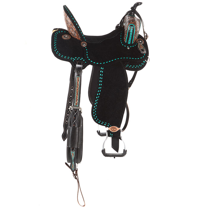 Tomahawk 14.5in Black Roughout with Turquoise Buckstitch Barrel Saddle