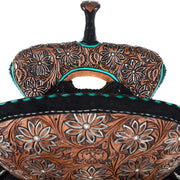 Tomahawk 14.5in Black Roughout with Turquoise Buckstitch Barrel Saddle