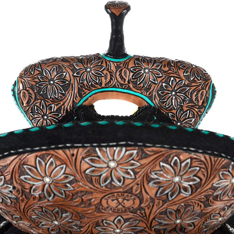 Tomahawk 14.5in Black Roughout with Turquoise Buckstitch Barrel Saddle