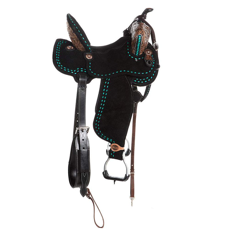 Tomahawk 14 Inch Turquoise Floral Black Suede Brazilian Lightweight Barrel Saddle