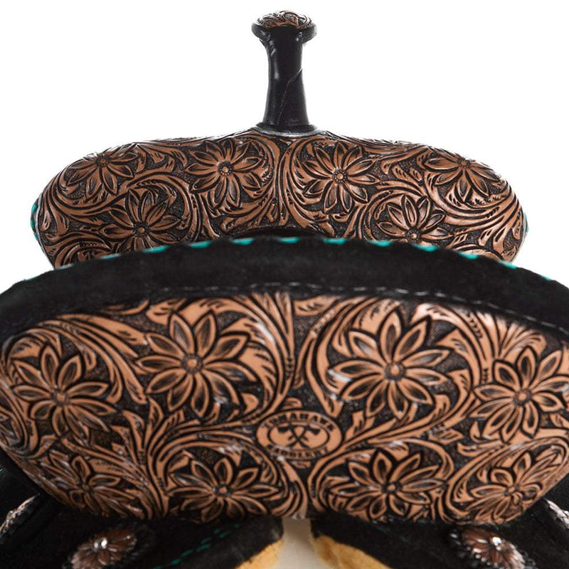Tomahawk 14 Inch Turquoise Floral Black Suede Brazilian Lightweight Barrel Saddle