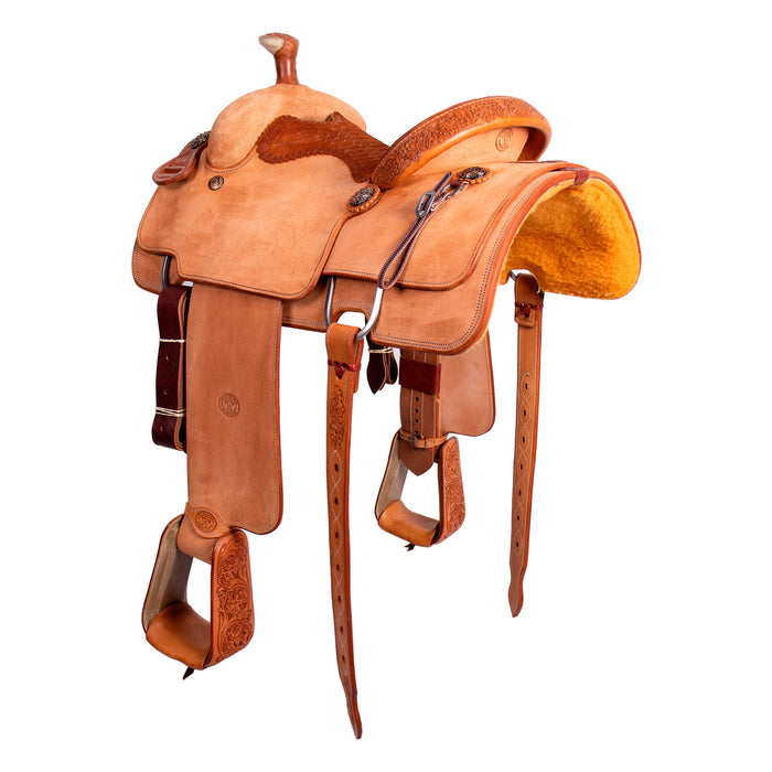 Tomahawk Natural 1/8 Breed Floral with Full Rust Seat Calf Roping Saddle
