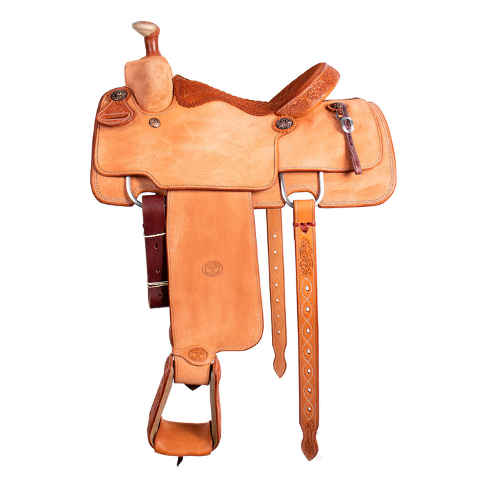 Tomahawk Natural 1/8 Breed Floral with Full Rust Seat Calf Roping Saddle