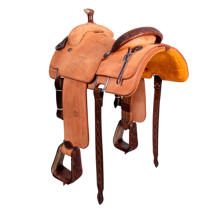 Tomahawk Natural 1/8 Breed Floral with Hard Seat Calf Roping Saddle