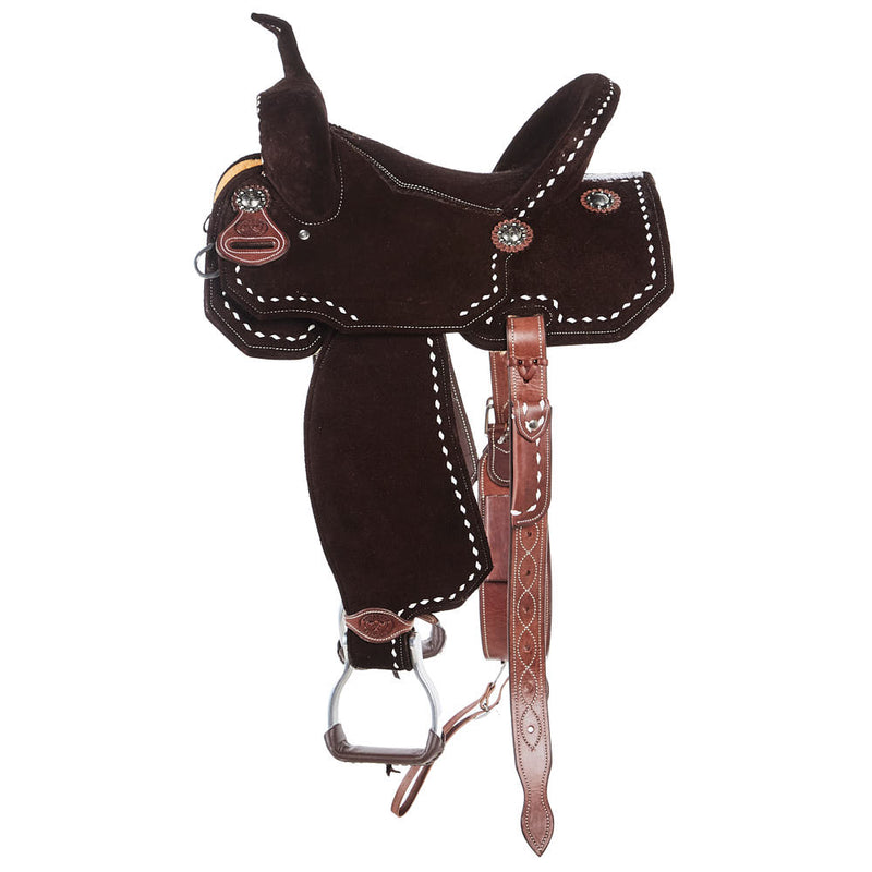 Tomahawk Chocolate Roughout with White Buckstitch 45 cut Skirts Barrel Saddle