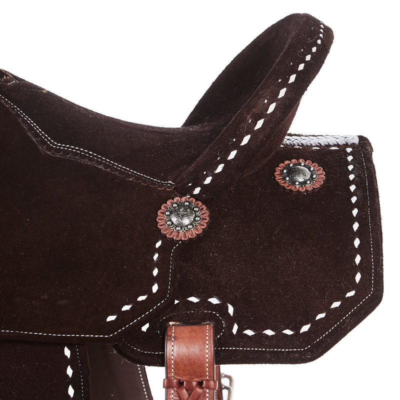 Tomahawk Chocolate Roughout with White Buckstitch 45 cut Skirts Barrel Saddle