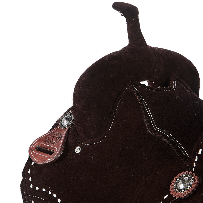 Tomahawk Chocolate Roughout with White Buckstitch 45 cut Skirts Barrel Saddle