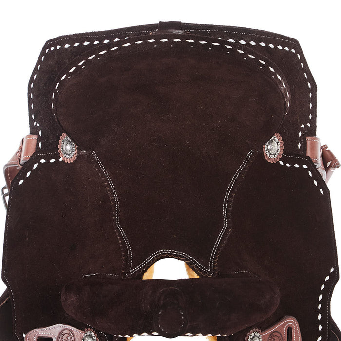 Tomahawk Chocolate Roughout with White Buckstitch 45 cut Skirts Barrel Saddle