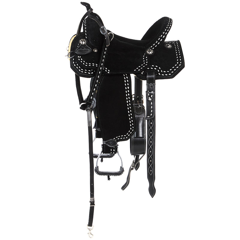 Tomahawk Black Suede with White Buckstitch Lightweight Barrel Saddle