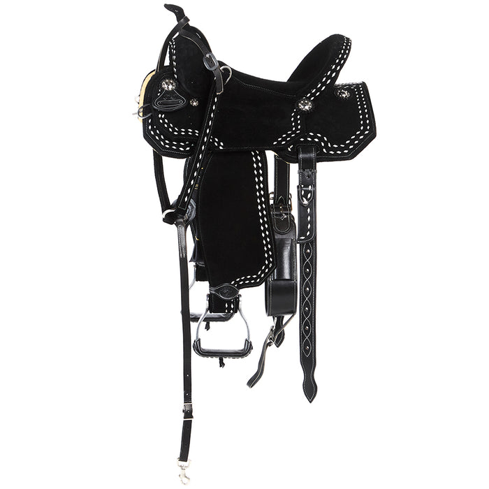 Tomahawk Black Suede with White Buckstitch Lightweight Barrel Saddle