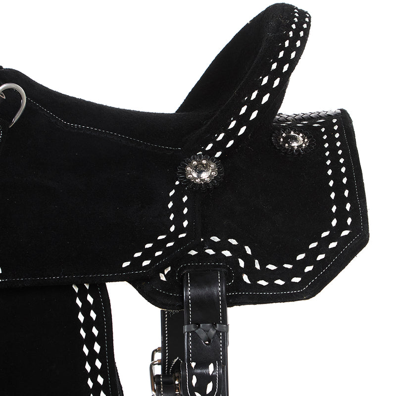 Tomahawk Black Suede with White Buckstitch Lightweight Barrel Saddle