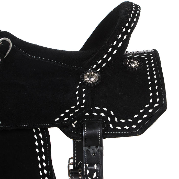 Tomahawk Black Suede with White Buckstitch Lightweight Barrel Saddle