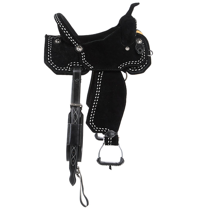 Tomahawk Black Suede with White Buckstitch Lightweight Barrel Saddle