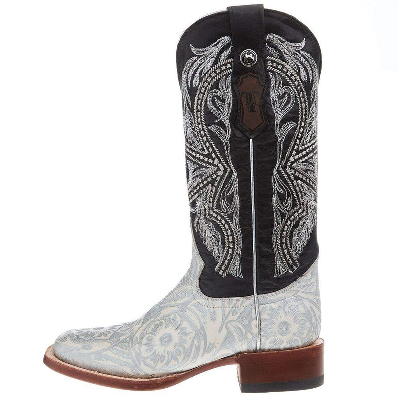 Tanner Mark Boots Women`s Hand Tool Jungle White & Silver 13 In Black Top Cowgirl Boot