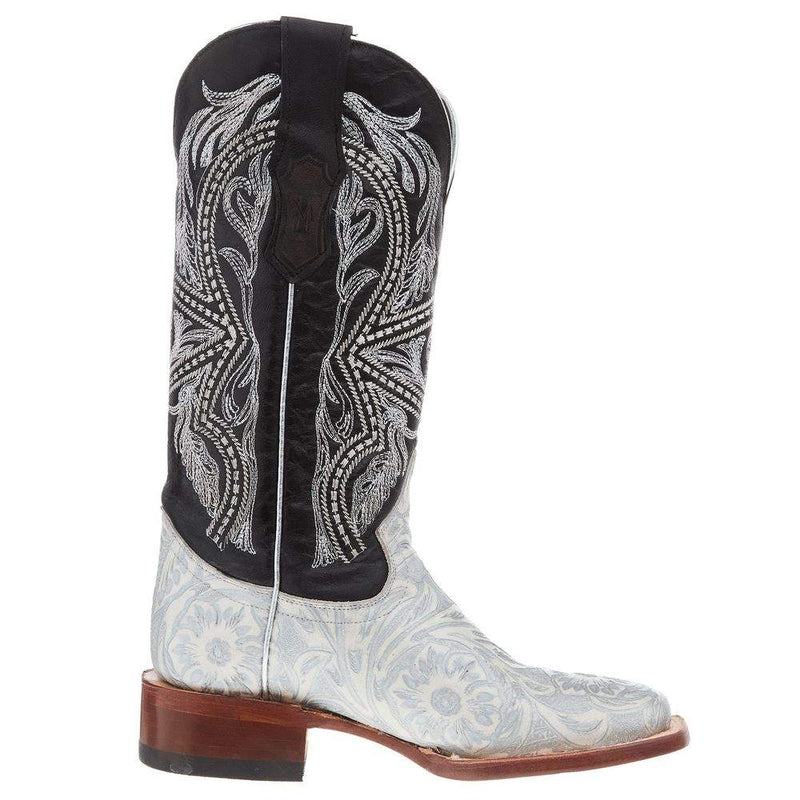 Tanner Mark Boots Women`s Hand Tool Jungle White & Silver 13 In Black Top Cowgirl Boot