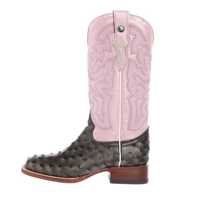 Tanner Mark Boots Womens Grey Ostrich Print With 12In Metallic Violet Top Cowgirls Boots