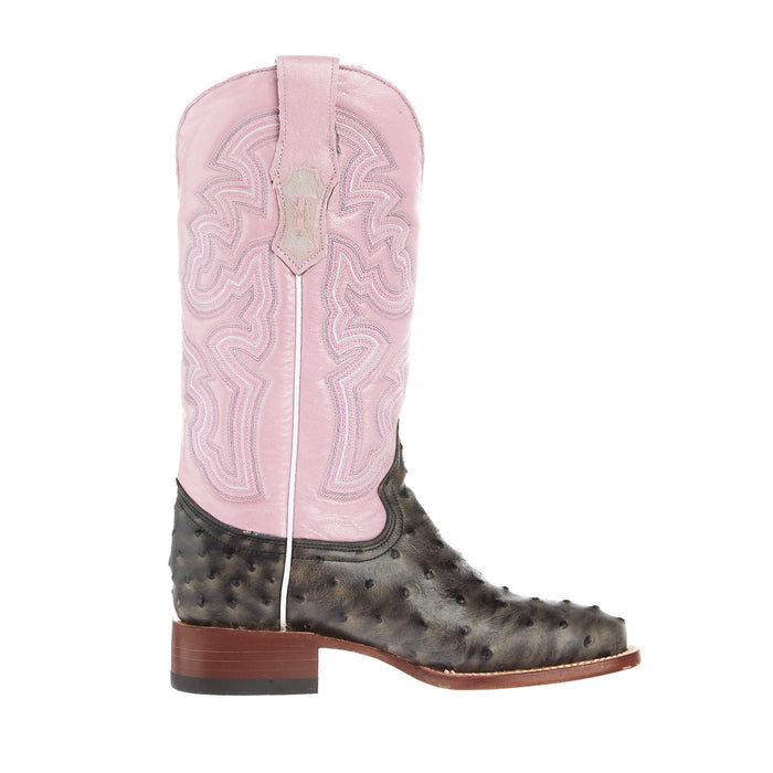 Tanner Mark Boots Womens Grey Ostrich Print With 12In Metallic Violet Top Cowgirls Boots