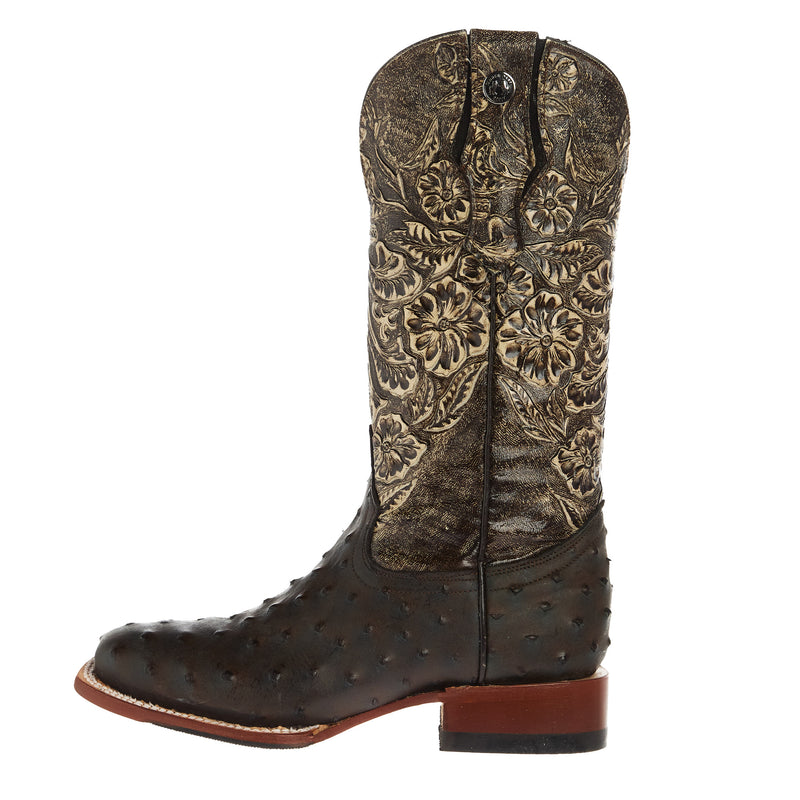 Tanner Mark Boots Womens Brown Ostrich Print With 12In Black Tooled Top Cowgirl Boots
