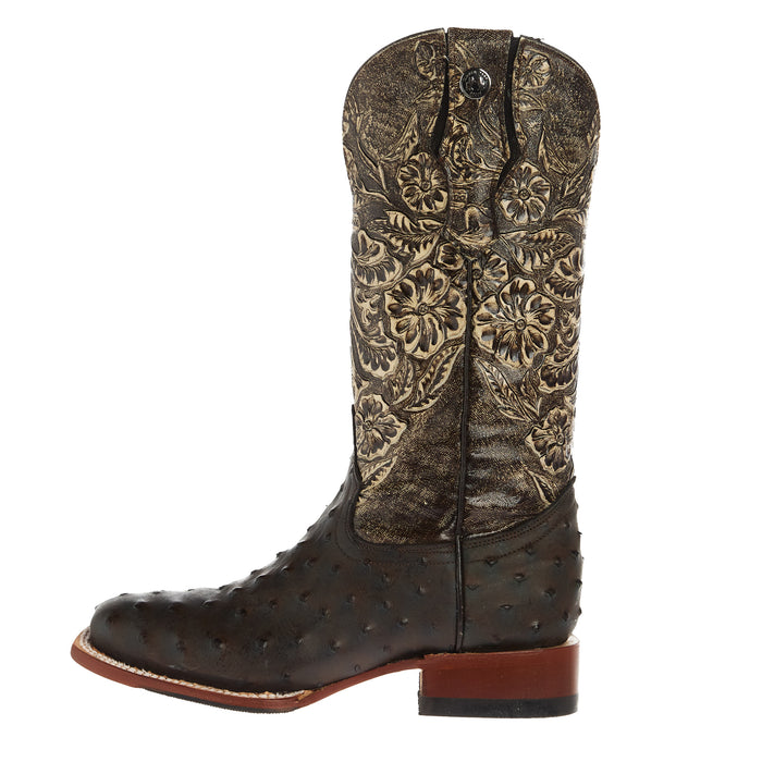 Tanner Mark Boots Womens Brown Ostrich Print With 12In Black Tooled Top Cowgirl Boots