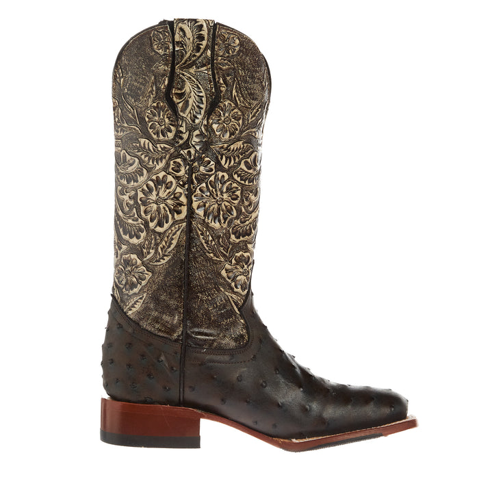 Tanner Mark Boots Womens Brown Ostrich Print With 12In Black Tooled Top Cowgirl Boots