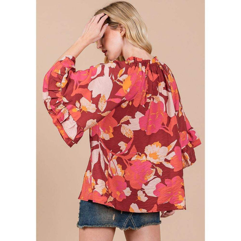 Ces Femme Women's Burgundy Print Mock Neck Blouse
