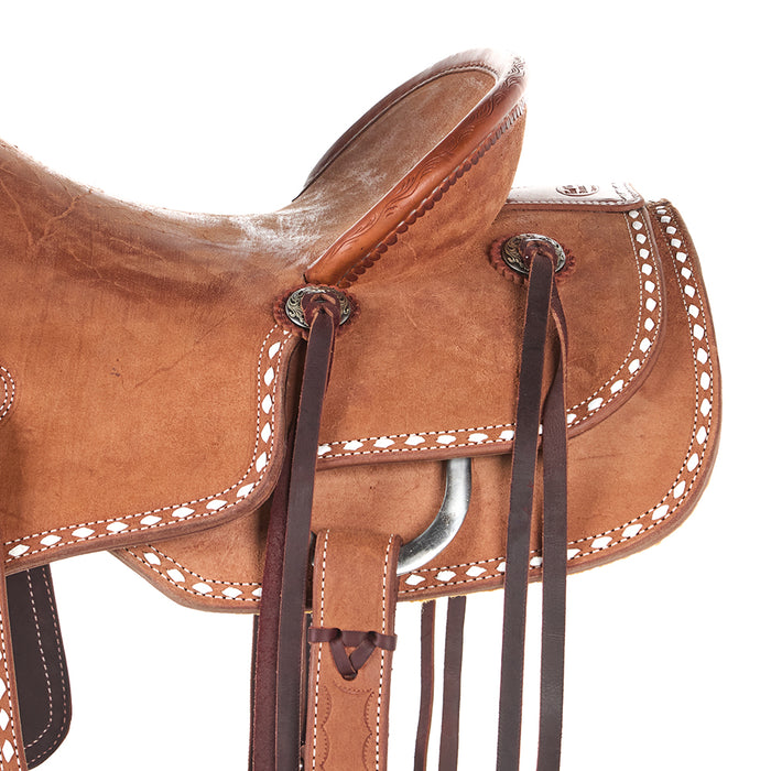 Trent Ward Roughout with White Buckstitch Seat Rig Ranch Saddle