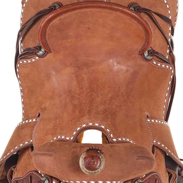 Trent Ward Roughout with White Buckstitch Seat Rig Ranch Saddle
