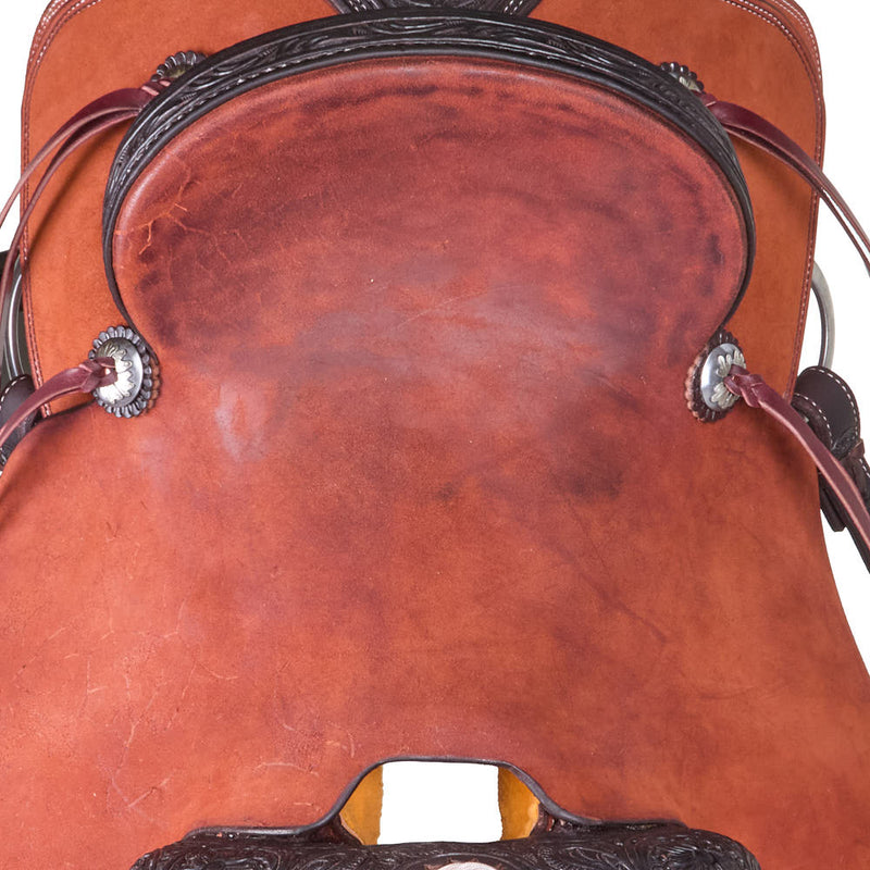 Trent Ward 15in Russet 1/8 Tooled Two Toned Team Roping Saddle
