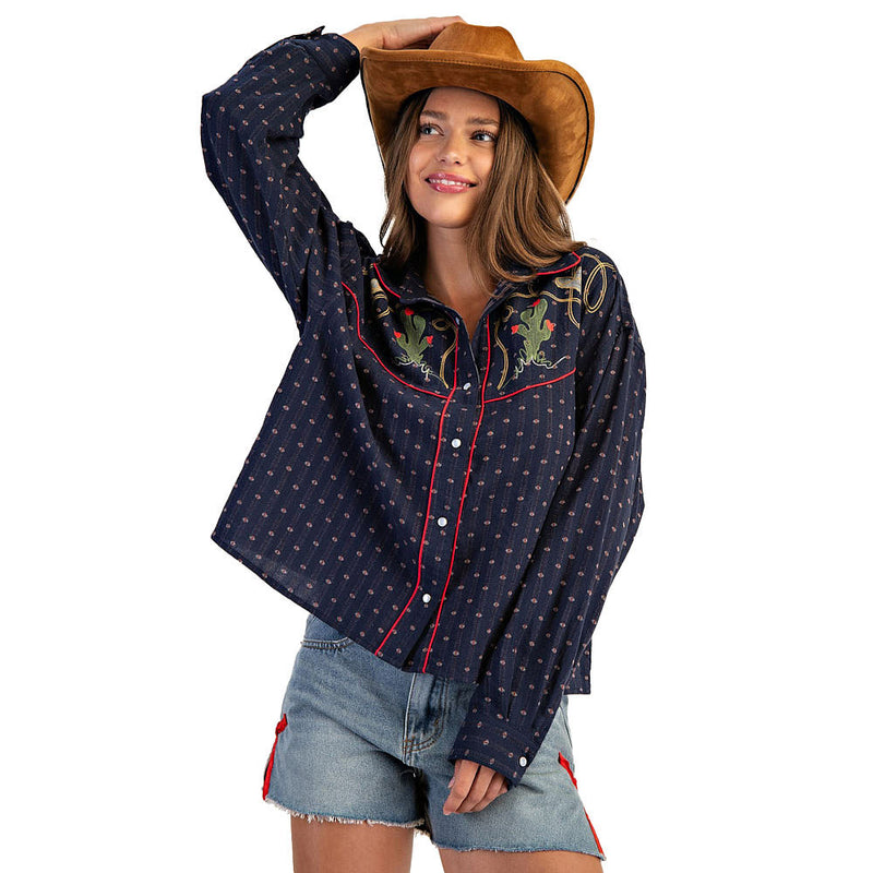 Ee Some Women's Western Navy Embroidered Button Top