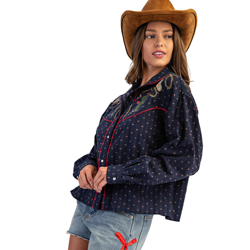 Ee Some Women's Western Navy Embroidered Button Top