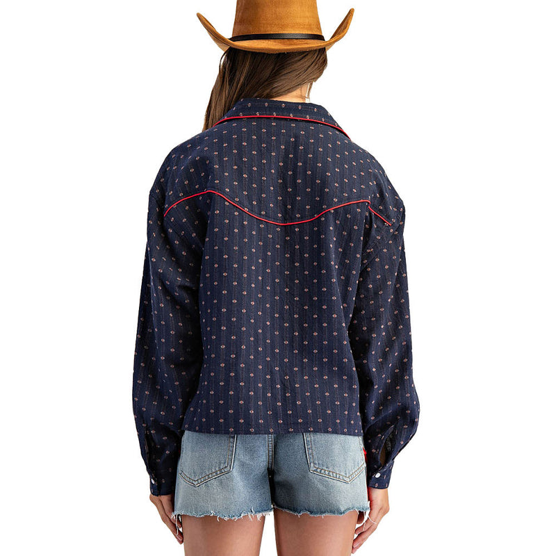 Ee Some Women's Western Navy Embroidered Button Top
