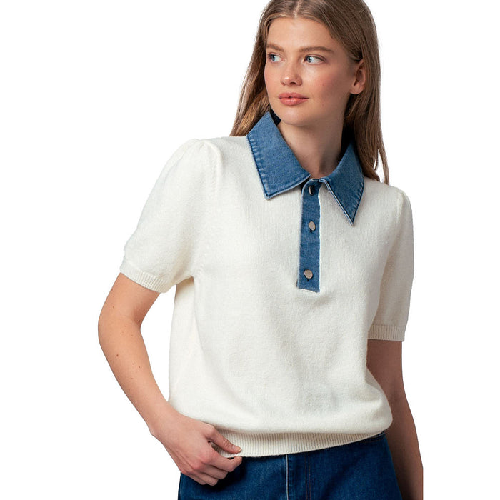Trend:Notes Women's Ivory Park Avenue with Blue Collar Short Sleeve Sweater