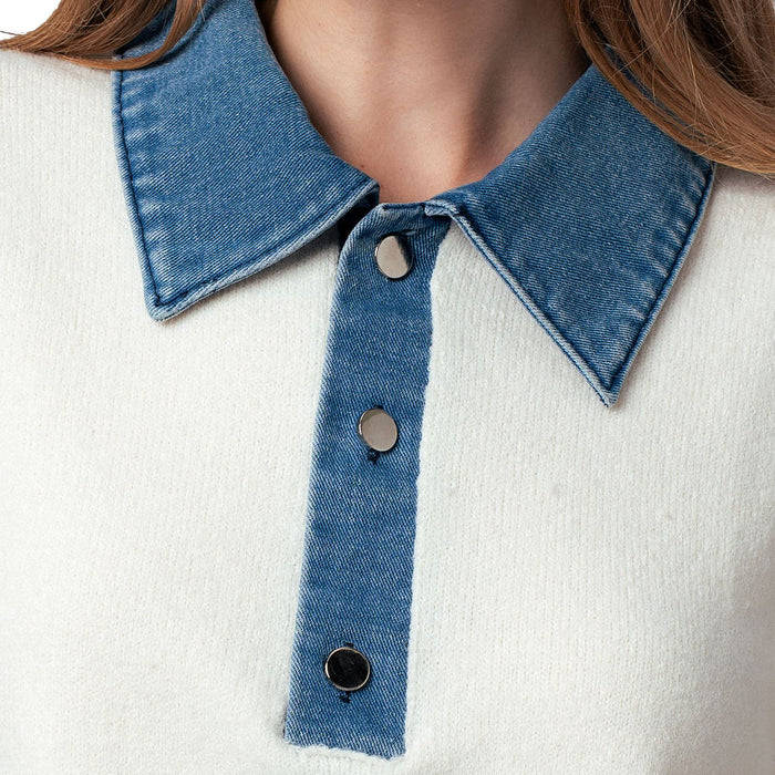Trend:Notes Women's Ivory Park Avenue with Blue Collar Short Sleeve Sweater