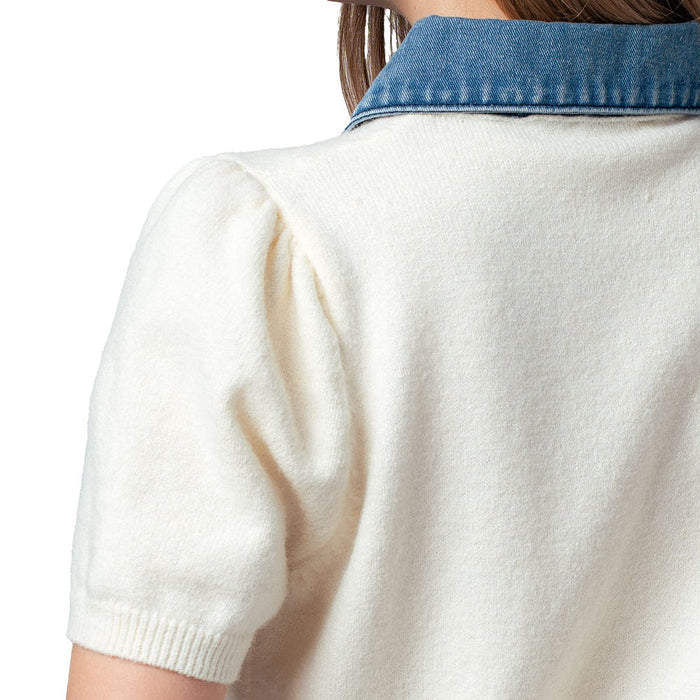 Trend:Notes Women's Ivory Park Avenue with Blue Collar Short Sleeve Sweater