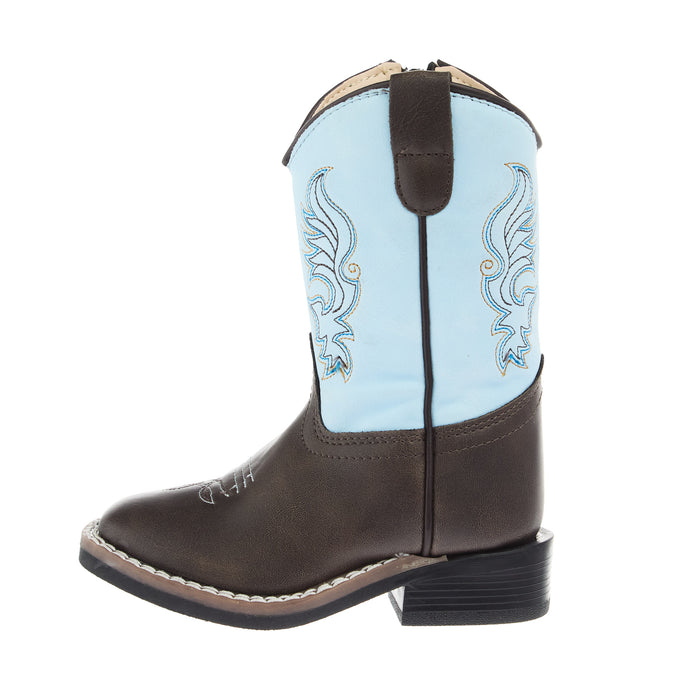 Old West Toddler Dark Brown Square Toe with Sky Blue Shaft Boot