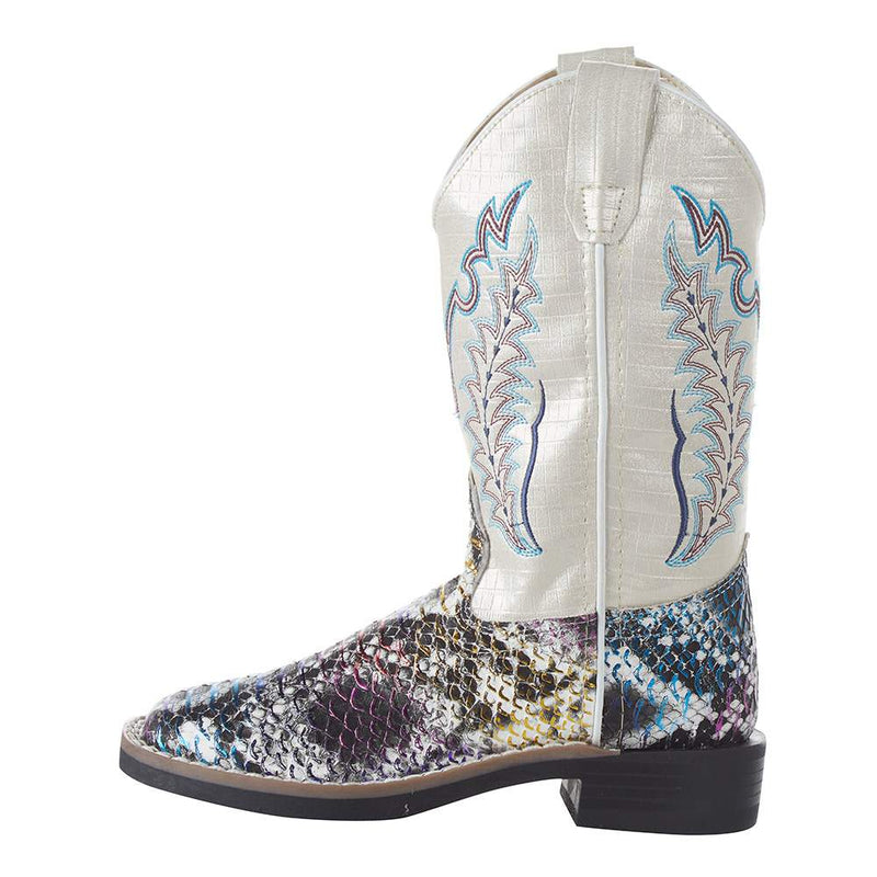 Old West Children's Multi Colored Snake Print Cream Shaft Boot